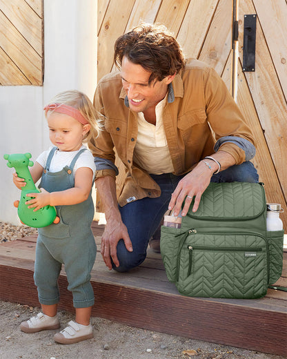 Skip Hop Forma Diaper Bag-Backpack-With Changing Pad-Extra Wide Opening & Lightweight Quilted Design-Sage