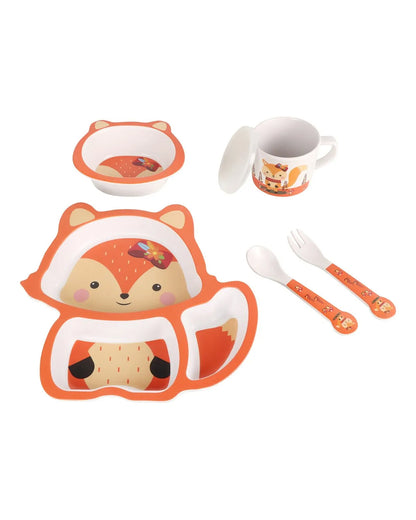 Earthism Eco-Friendly Bamboo Fiber Meal Set-Biodegradable & Toxin Free-Smart Fox-Set of 5-For Feeding Infants