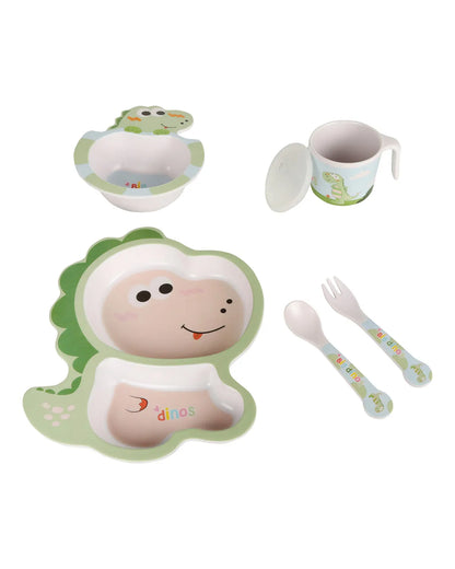 Earthism Eco-Friendly Bamboo Fiber Meal Set-Biodegradable & Toxin Free-Baby Dino-Set of 5-For Feeding Infants