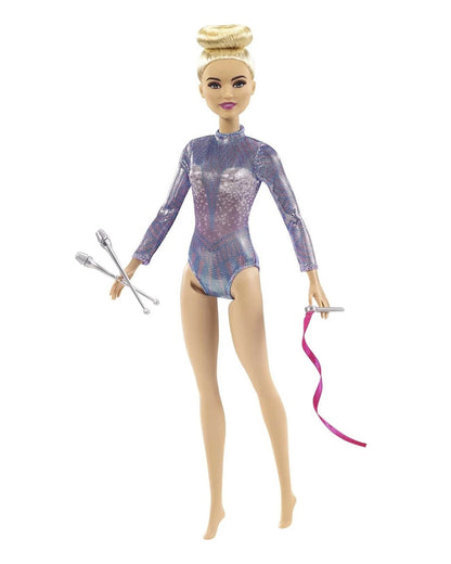 Barbie Rhythmic Gymnast Blonde Doll-Includes Colorful Metallic Leotard, 2 Clubs & Ribbon Accessory-Promotes Role Play-Doll & Doll Houses-36M+