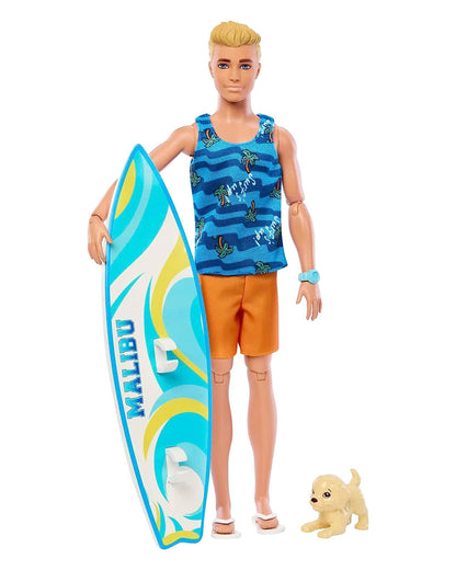 Ken Doll with Surfboard and Pet Puppy-Includes 1 Ken doll, 1 surfboard, 1 puppy figure, 1 towel and assorted accessories-Promotes Role Play-Doll & Doll Houses-36M+