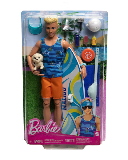 Ken Doll with Surfboard and Pet Puppy-Includes 1 Ken doll, 1 surfboard, 1 puppy figure, 1 towel and assorted accessories-Promotes Role Play-Doll & Doll Houses-36M+
