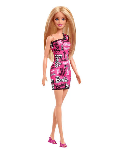 Barbie Fashion Doll with Straight Blonde Hair-Wearing Removable Pink One-Shoulder Dress & Shoes with Logo Print-Promotes Role Play-Doll & Doll Houses-36M+