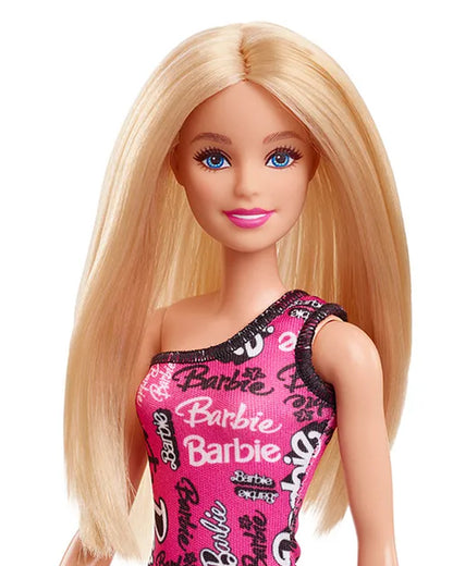 Barbie Fashion Doll with Straight Blonde Hair-Wearing Removable Pink One-Shoulder Dress & Shoes with Logo Print-Promotes Role Play-Doll & Doll Houses-36M+