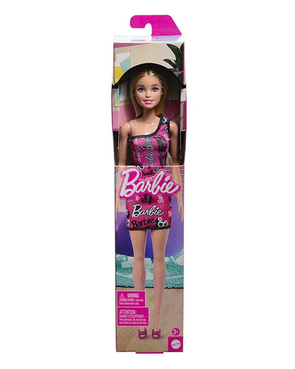 Barbie Fashion Doll with Straight Blonde Hair-Wearing Removable Pink One-Shoulder Dress & Shoes with Logo Print-Promotes Role Play-Doll & Doll Houses-36M+