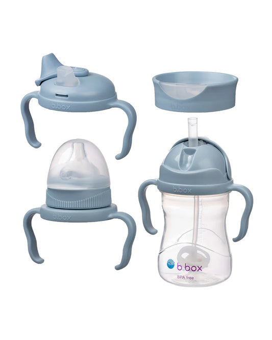 b.box Transition Value Pack-One Cup with 4 Lids for Every Stage of Growth (3M to 12M+) : Includes Medium Flow Teat, Soft Spout, Weighted Straw & Training Cup Lids-Ocean Blue-240 ml