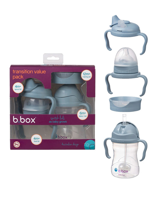 b.box Transition Value Pack-One Cup with 4 Lids for Every Stage of Growth (3M to 12M+) : Includes Medium Flow Teat, Soft Spout, Weighted Straw & Training Cup Lids-Ocean Blue-240 ml