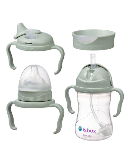 b.box Transition Value Pack-One Cup with 4 Lids for Every Stage of Growth (3M to 12M+) : Includes Medium Flow Teat, Soft Spout, Weighted Straw & Training Cup Lids-Sage Green-240 ml