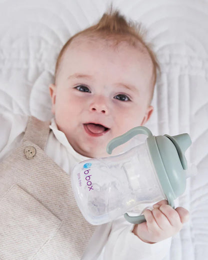 b.box Transition Value Pack-One Cup with 4 Lids for Every Stage of Growth (3M to 12M+) : Includes Medium Flow Teat, Soft Spout, Weighted Straw & Training Cup Lids-Sage Green-240 ml