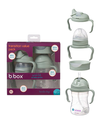 b.box Transition Value Pack-One Cup with 4 Lids for Every Stage of Growth (3M to 12M+) : Includes Medium Flow Teat, Soft Spout, Weighted Straw & Training Cup Lids-Sage Green-240 ml