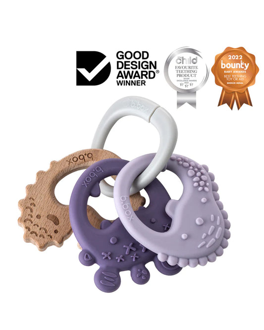 b.box Trio Teether-With Three Textured Teethers-Made of Soft Silicone, Hard Silicone & Beechwood-Supports Sensory Development & Gum Relief-Peony Purple-3M+