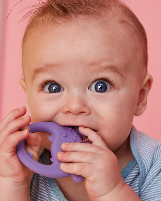 b.box Trio Teether-With Three Textured Teethers-Made of Soft Silicone, Hard Silicone & Beechwood-Supports Sensory Development & Gum Relief-Peony Purple-3M+