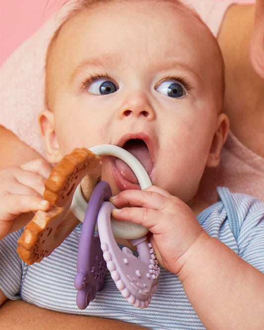 b.box Trio Teether-With Three Textured Teethers-Made of Soft Silicone, Hard Silicone & Beechwood-Supports Sensory Development & Gum Relief-Peony Purple-3M+