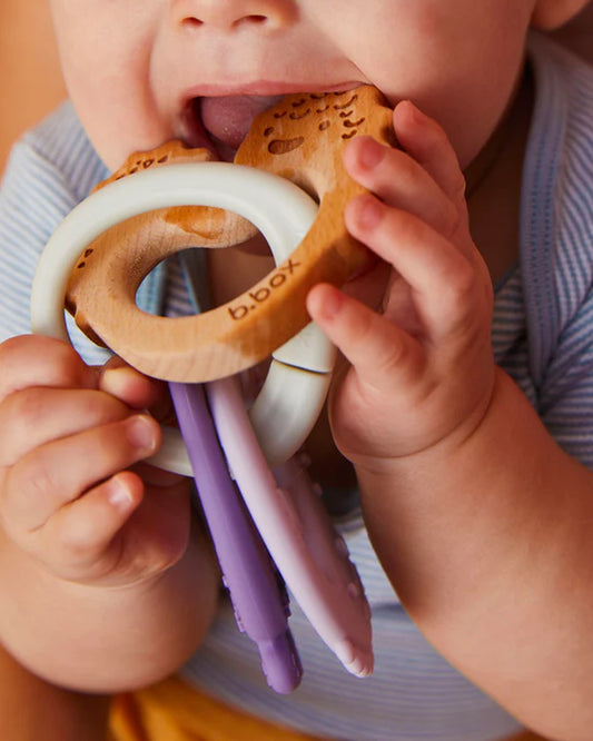 b.box Trio Teether-With Three Textured Teethers-Made of Soft Silicone, Hard Silicone & Beechwood-Supports Sensory Development & Gum Relief-Peony Purple-3M+