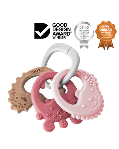 b.box Trio Teether-With Three Textured Teethers-Made of Soft Silicone, Hard Silicone & Beechwood-Supports Sensory Development & Gum Relief-Blush Pink-3M+