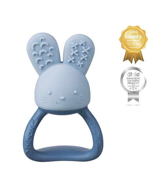 b.box Chill + Fill Teether-Refillable with Ice & Water-Provide Cooling Effect for Inflamed & Achy Gums-Multi Sensory Design & Freestanding Base-Lullaby Blue-3M+