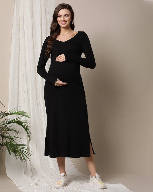 Wobbly Walk Black Maternity Dress-V Neck-Solid Color-Cotton-Bump Friendly