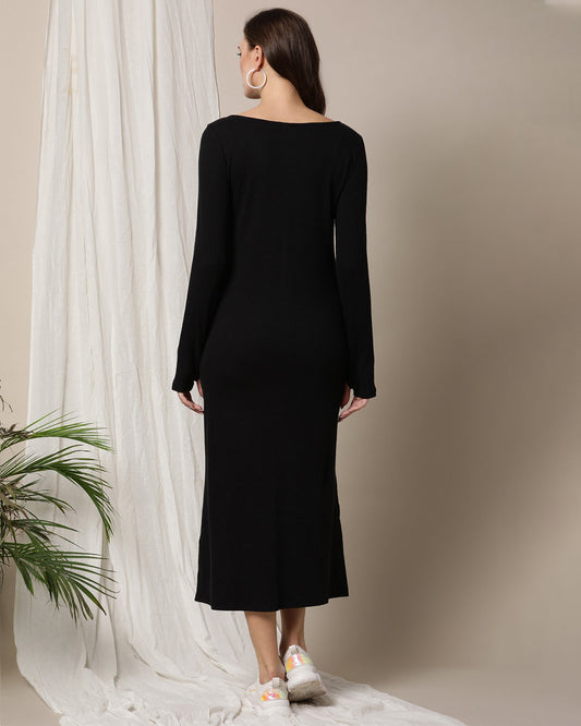 Wobbly Walk Black Maternity Dress-V Neck-Solid Color-Cotton-Bump Friendly