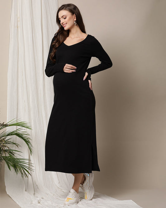 Wobbly Walk Black Maternity Dress-V Neck-Solid Color-Cotton-Bump Friendly