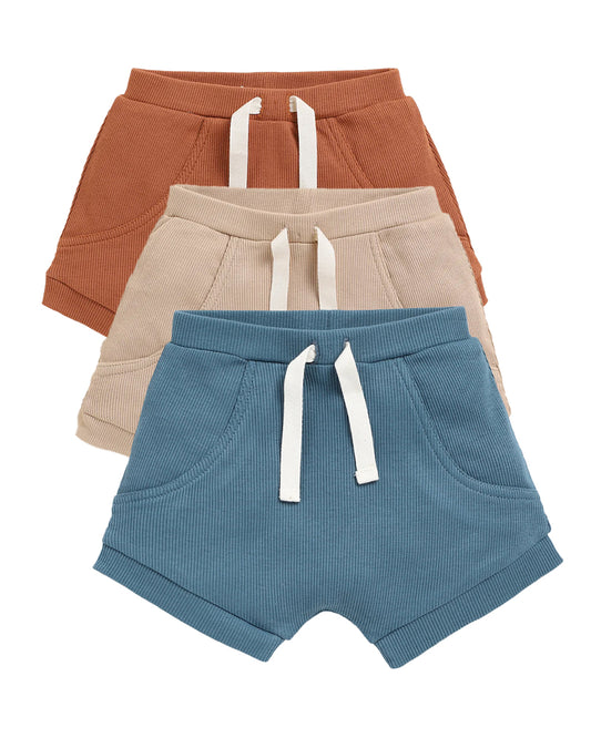 Cot & Candy Baby Brown, Beige & Blue Shorts-Solid-Organic Cotton-Pack of 3-For Infants