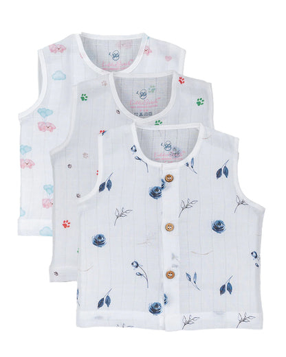 Kiddie Bunch White Jhablas-Printed-Cotton Muslin-Pack of 3-Newborn