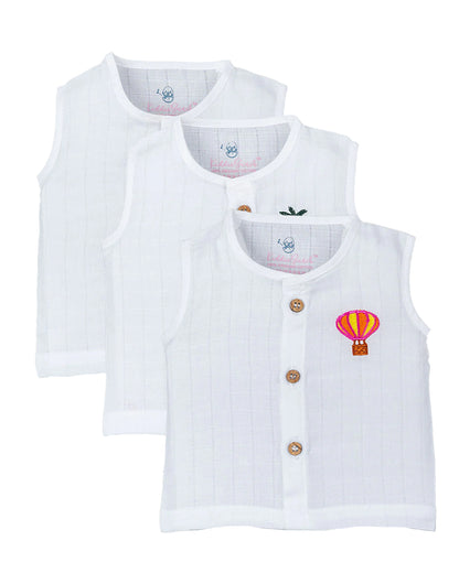 Kiddie Bunch White Jhablas-Embroidered-Cotton Muslin-Pack of 3-For Infants