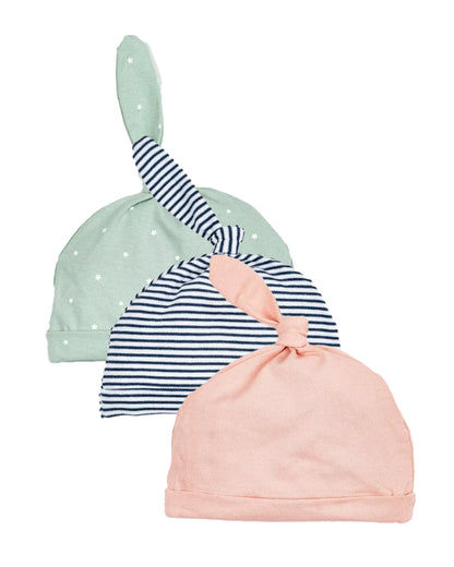 BeeLittle Teal, Peach & Navy Blue Caps-Printed-Organic Cotton-Pack of 3-For Infants