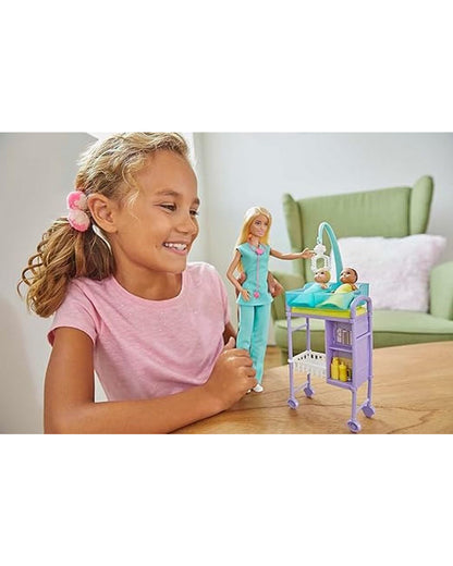 Barbie Baby Doctor Playset-Includes Blonde Doll, 2 Infant Dolls, Exam Table and Accessories, Stethoscope, Chart and Mobile-Promotes Role Play-Doll & Doll Houses-36M+