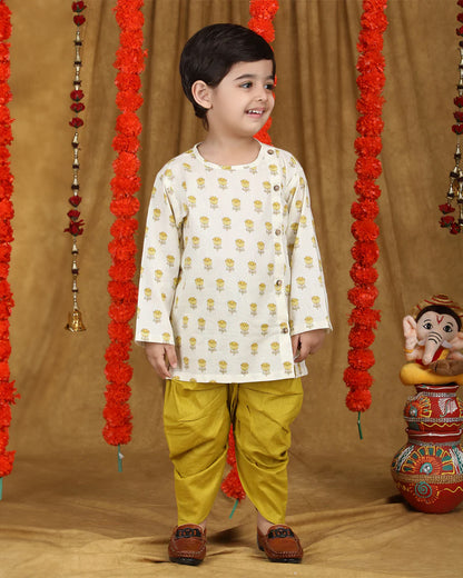 Polka Tots Mustard Kurta Dhoti Set-Cotton-Printed-For Infants