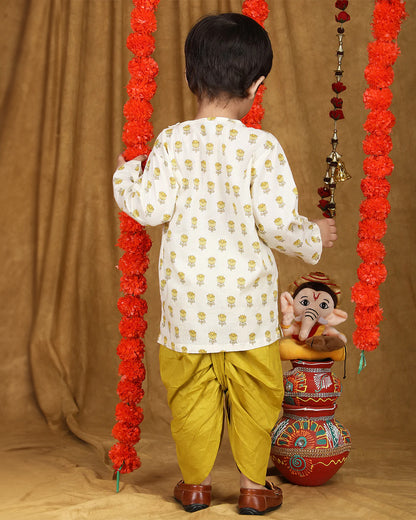 Polka Tots Mustard Kurta Dhoti Set-Cotton-Printed-For Infants
