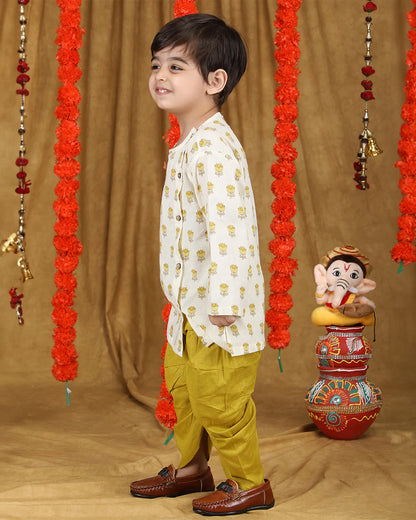 Polka Tots Mustard Kurta Dhoti Set-Cotton-Printed-For Infants