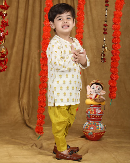 Polka Tots Mustard Kurta Dhoti Set-Cotton-Printed-For Infants