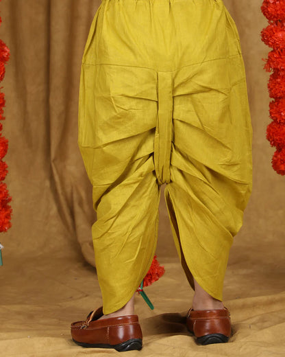 Polka Tots Mustard Kurta Dhoti Set-Cotton-Printed-For Infants