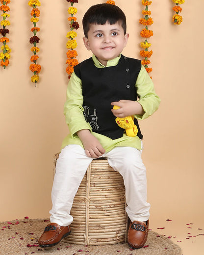 Polka Tots Black & Lime Kurta Jacket With Pajama Set-Cotton-Embroidered-For Infants