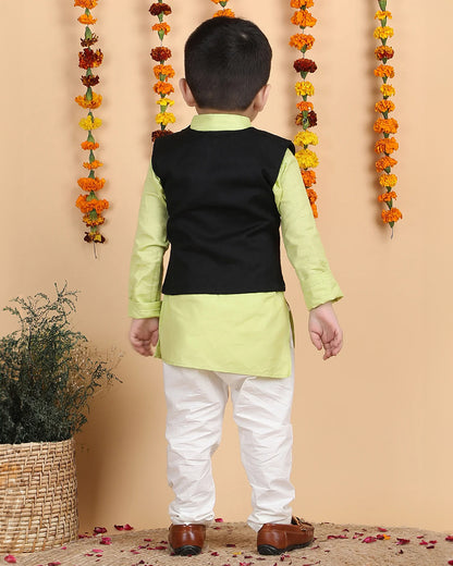 Polka Tots Black & Lime Kurta Jacket With Pajama Set-Cotton-Embroidered-For Infants