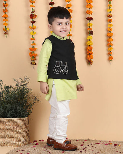 Polka Tots Black & Lime Kurta Jacket With Pajama Set-Cotton-Embroidered-For Infants