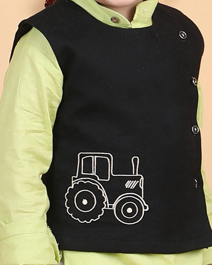 Polka Tots Black & Lime Kurta Jacket With Pajama Set-Cotton-Embroidered-For Infants