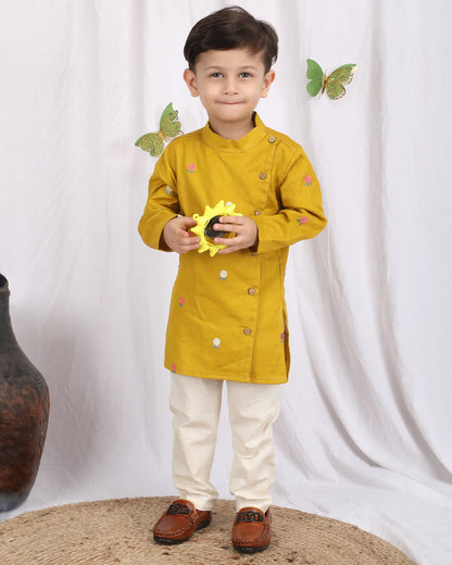 Polka Tots Mustard Kurta Pajama Set-Cotton-Embroidered-For Infants