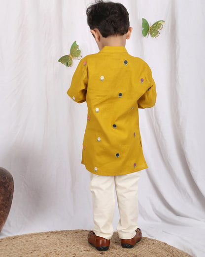 Polka Tots Mustard Kurta Pajama Set-Cotton-Embroidered-For Infants