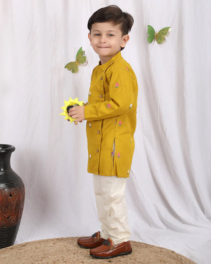 Polka Tots Mustard Kurta Pajama Set-Cotton-Embroidered-For Infants