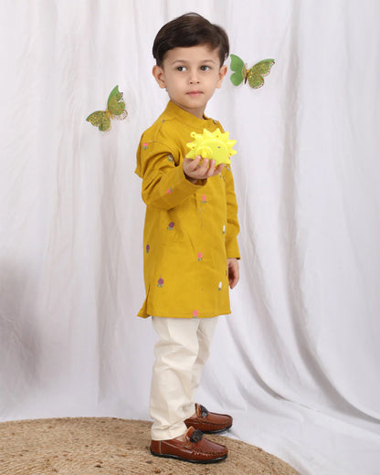 Polka Tots Mustard Kurta Pajama Set-Cotton-Embroidered-For Infants