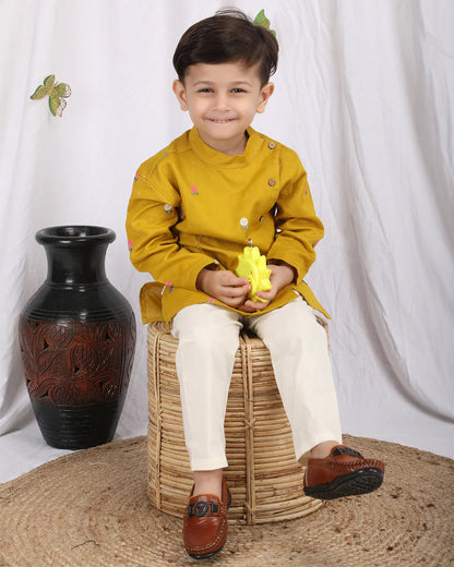 Polka Tots Mustard Kurta Pajama Set-Cotton-Embroidered-For Infants