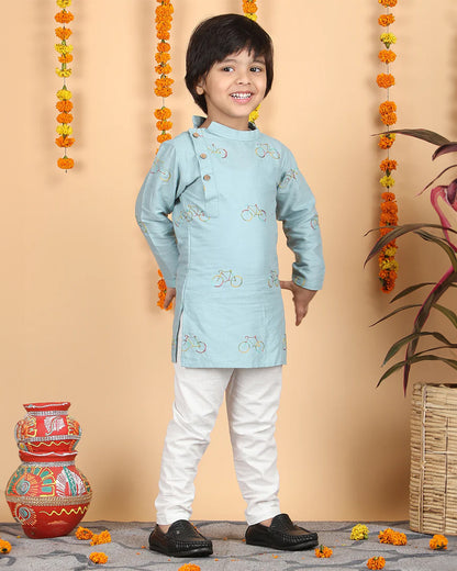 Polka Tots Light Blue Kurta Pajama Set-Cotton-Embroidered-For Infants