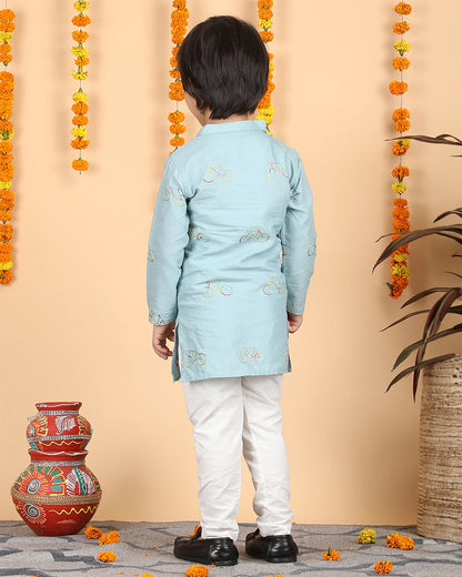 Polka Tots Light Blue Kurta Pajama Set-Cotton-Embroidered-For Infants