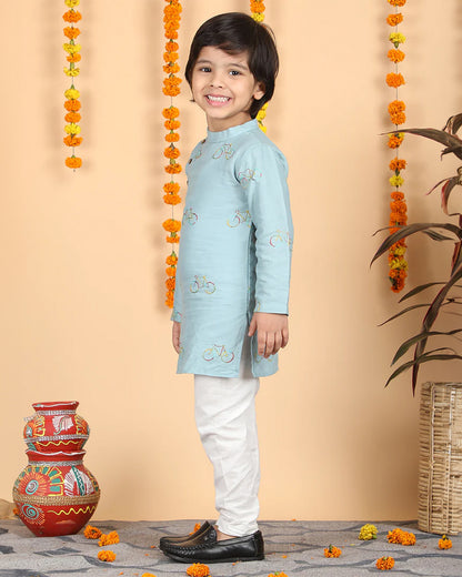 Polka Tots Light Blue Kurta Pajama Set-Cotton-Embroidered-For Infants