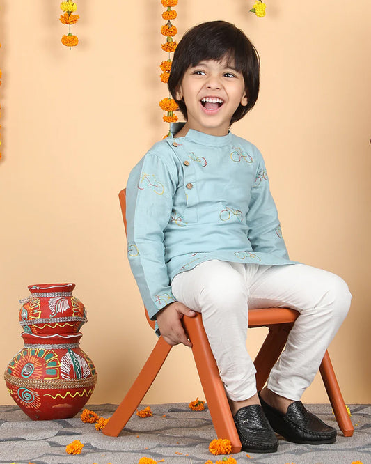 Polka Tots Light Blue Kurta Pajama Set-Cotton-Embroidered-For Infants