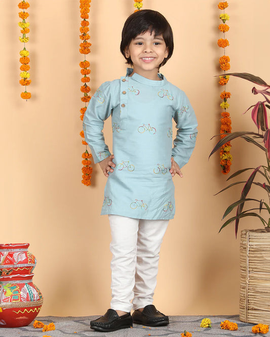 Polka Tots Light Blue Kurta Pajama Set-Cotton-Embroidered-For Infants