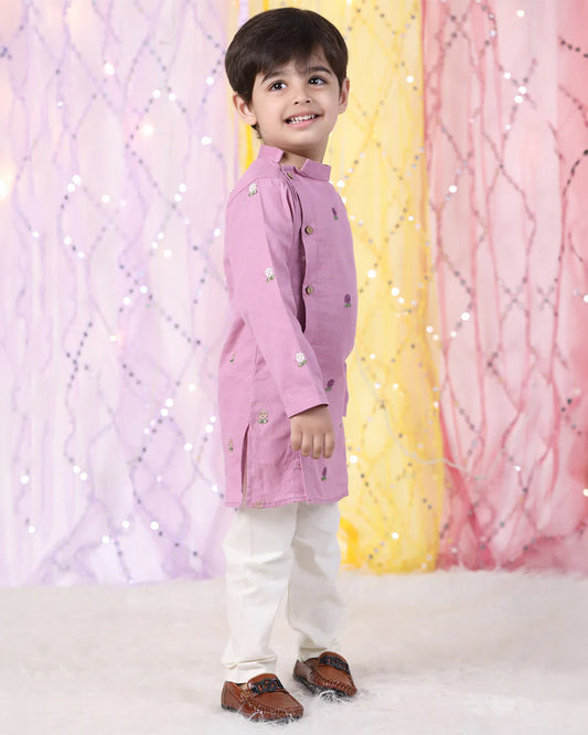 Polka Tots Lavender Kurta Pajama Set-Cotton-Embroidered-For Infants