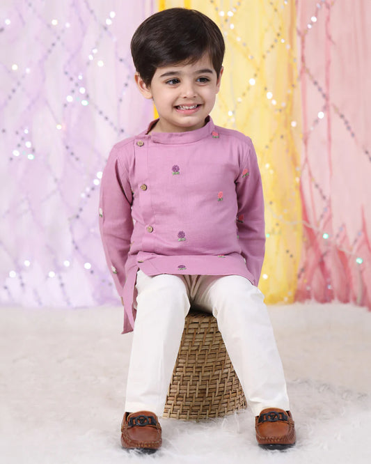 Polka Tots Lavender Kurta Pajama Set-Cotton-Embroidered-For Infants