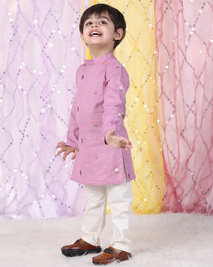 Polka Tots Lavender Kurta Pajama Set-Cotton-Embroidered-For Infants